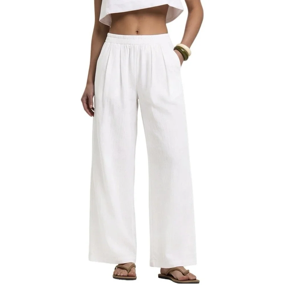 LOMON White Linen Pants Women Wide Leg Palazzo Pants XXL New